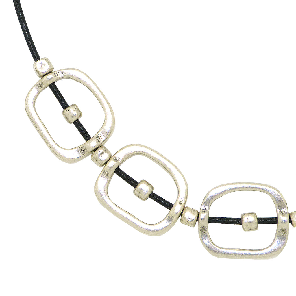 Lilly's Allure Black Leather Cord Silver Squares Beads Necklace N25 Wear with Uno de 50 - ILoveThatGift