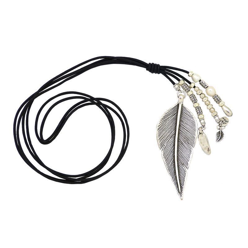 Lilly's Allure Black Leather Silver Pearl Feather Necklace N29 Wear w Uno de 50 - ILoveThatGift
