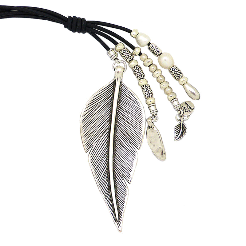 Lilly's Allure Black Leather Silver Pearl Feather Necklace N29 Wear w Uno de 50 - ILoveThatGift