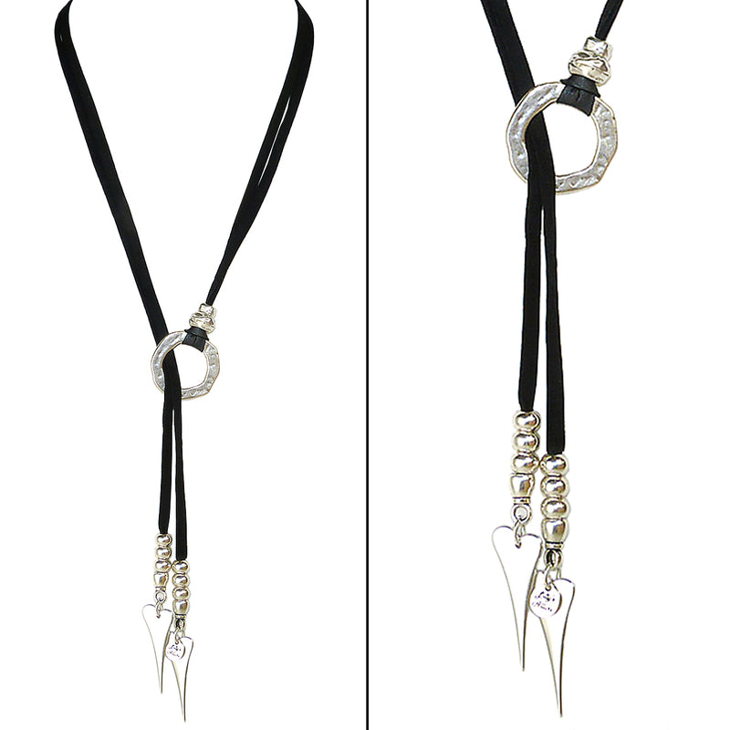 Lilly's Allure Deerskin Black Leather Heart Choker Lariat Silver Beads Necklace N39 Wear with Uno de 50 - ILoveThatGift