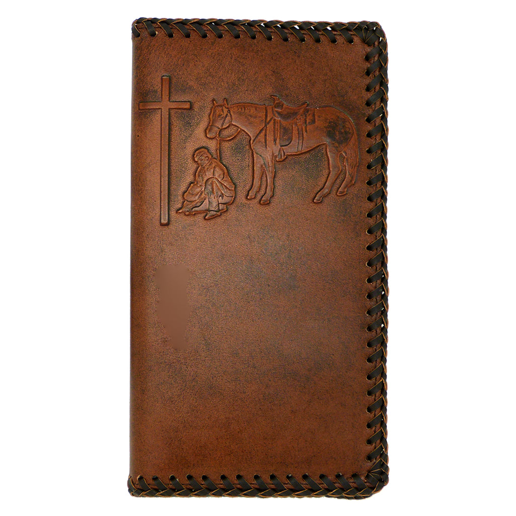 Nocona Western Mens Wallet Checkbook Cover Rodeo Praying Cowboy Leather Brown Laced - ILoveThatGift