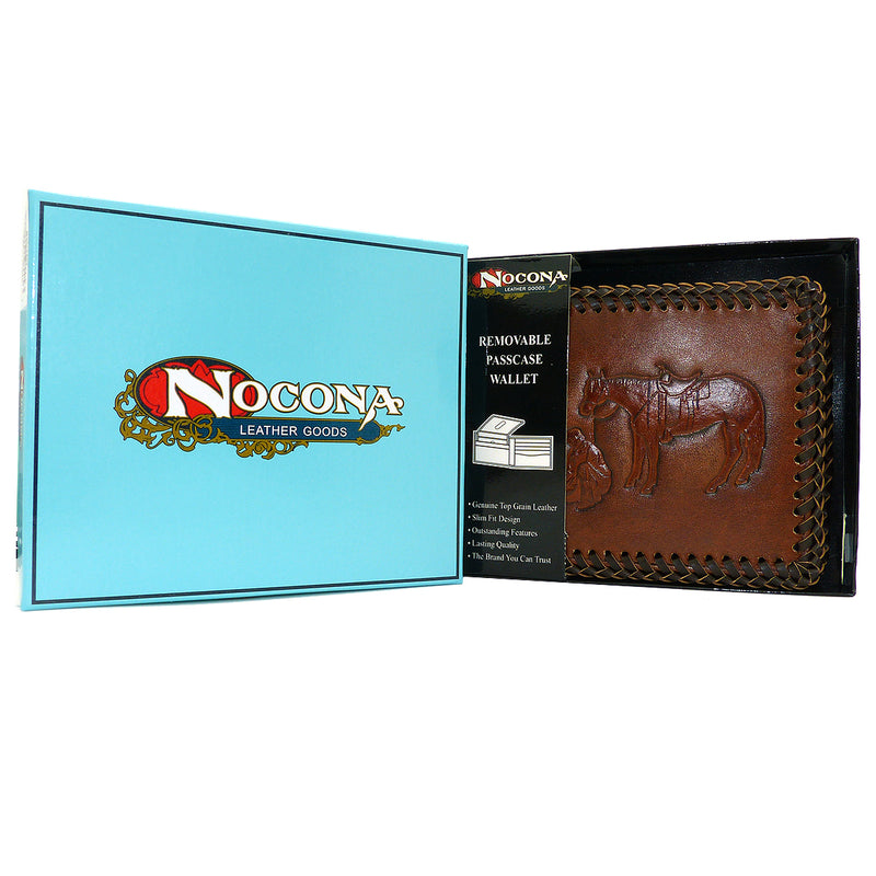 Nocona Western Mens Wallet Bi-Fold Pass Case Praying Cowboy Leather Brown Laced N5413908 - ILoveThatGift