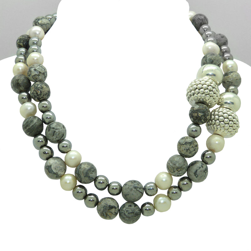 Simon Sebbag 2 Strand Pearl Gray Agate Hematite Prosecco Sterling Silver Necklace NB522GWPM2 - ILoveThatGift