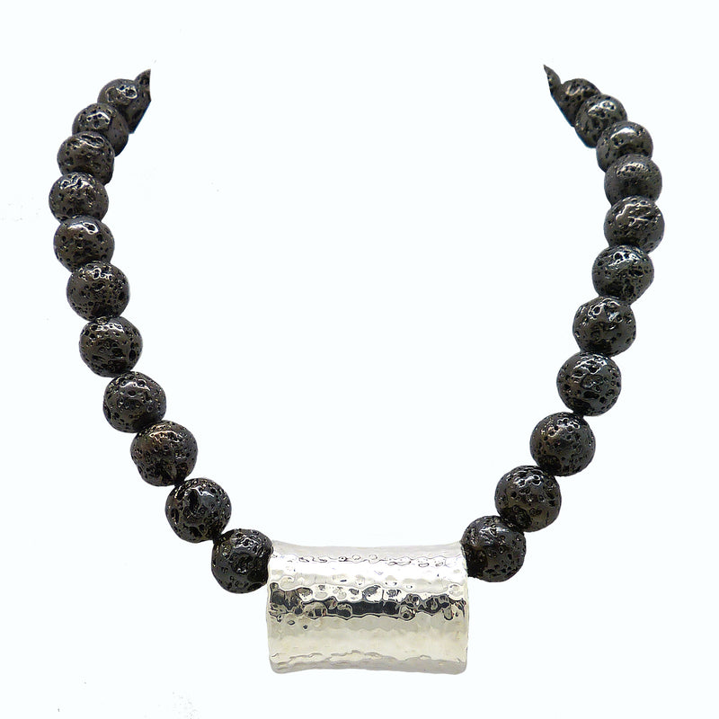 Simon Sebbag Sterling Gunmetal Plated Lava Necklace with Hammered Silver 925 Bead SSD NB606 - ILoveThatGift