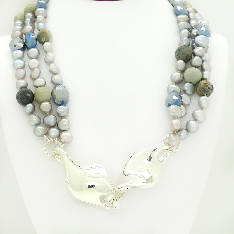Simon Sebbag 3 Strand Pearl Gray Crystal Jasper Twist Sterling Silver Necklace NB754GPM - ILoveThatGift