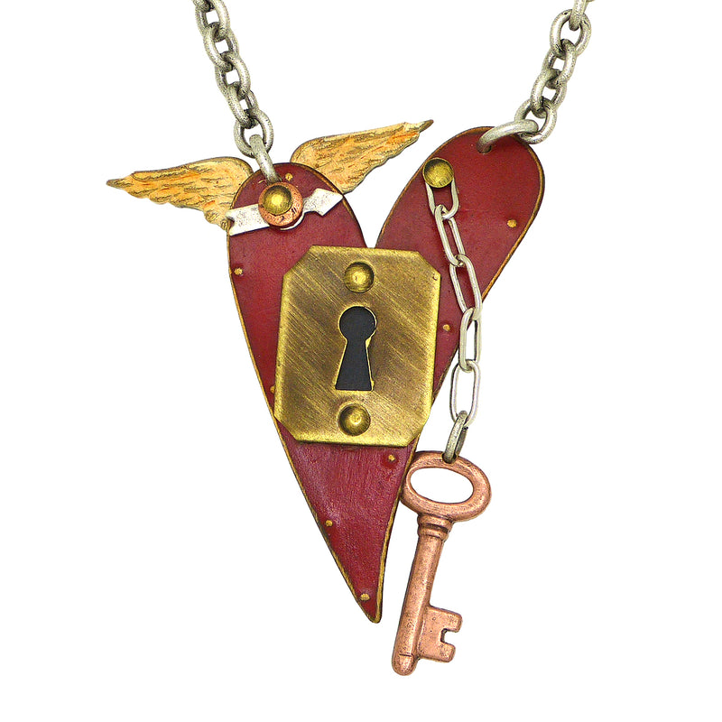 Mullanium Necklace Red Heart Wings Key Steampunk Handmade Artists Jim Tori Mullan - ILoveThatGift