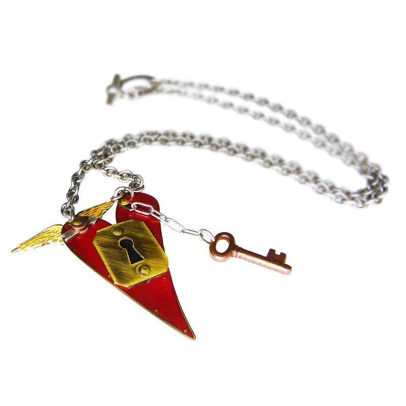 Mullanium Necklace Red Heart Wings Key Steampunk Handmade Artists Jim Tori Mullan - ILoveThatGift