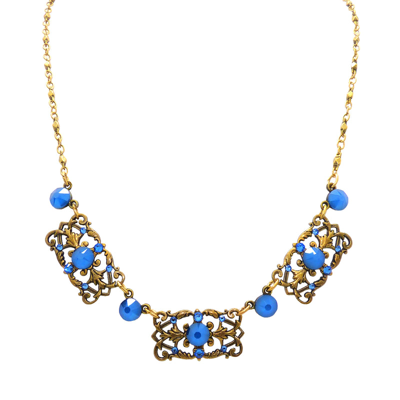 Anne Koplik 3 Stoned Fila Frame Necklace NK4749RBL Gold Blue - ILoveThatGift