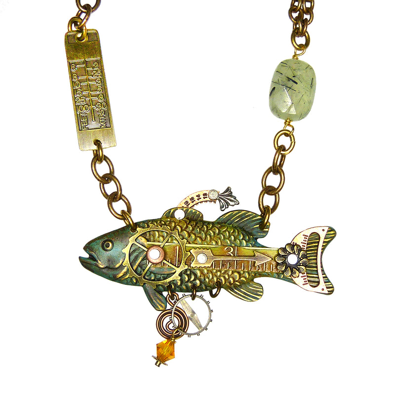 Mullanium Necklace Verdigris Green Fish Steampunk Handmade Artists Jim Tori Mullan - ILoveThatGift
