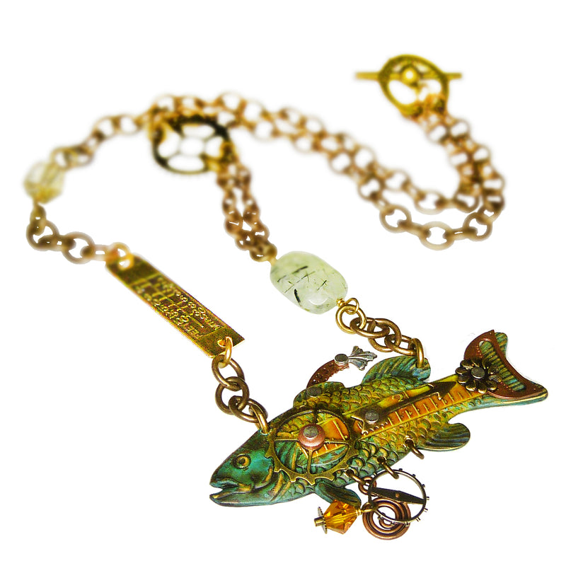 Mullanium Necklace Verdigris Green Fish Steampunk Handmade Artists Jim Tori Mullan - ILoveThatGift