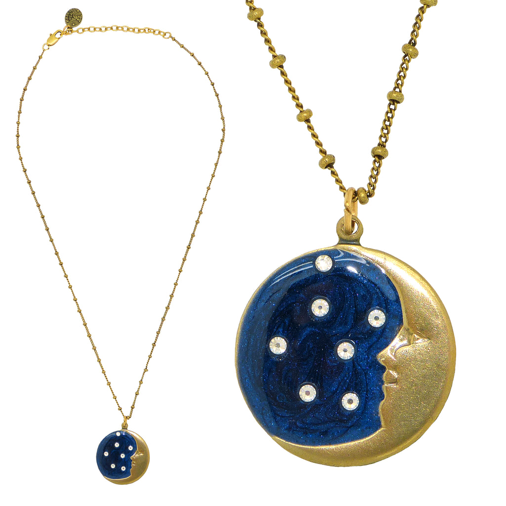 Anne Koplik Enamel Crescent Moon Stars Pendant Necklace Antique Gold Plated Swarovski - ILoveThatGift