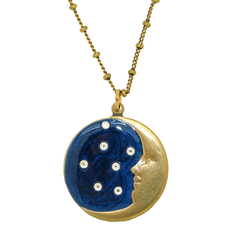 Anne Koplik Enamel Crescent Moon Stars Pendant Necklace Antique Gold Plated Swarovski - ILoveThatGift