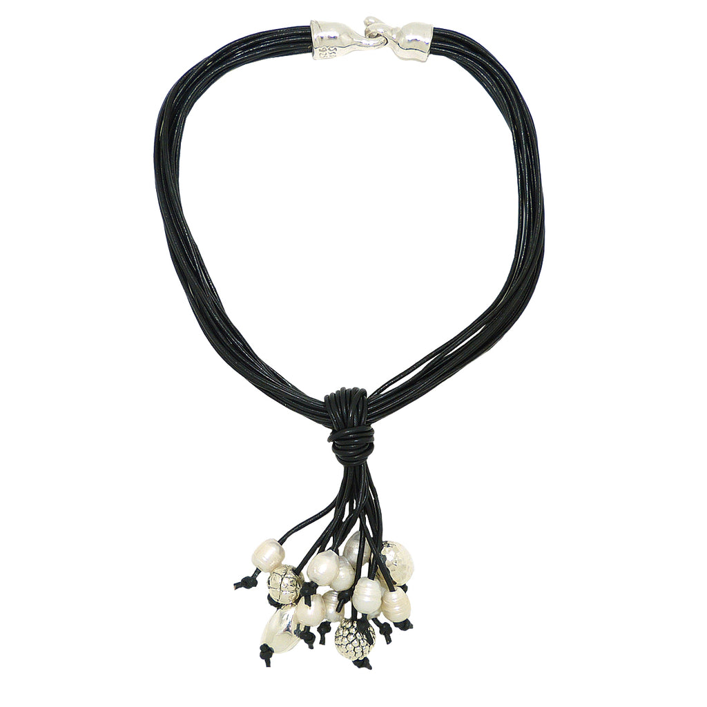 Simon Sebbag Black Leather White Pearl Necklace Sterling Silver Beads NL126BLKP - ILoveThatGift