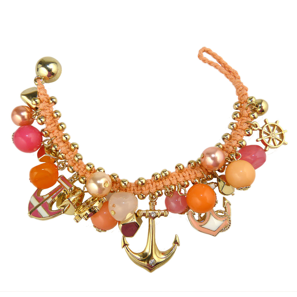 Anchor Charm Ocean Pearl Bead Nautical Silver Orange Pink  Bracelet - ILoveThatGift