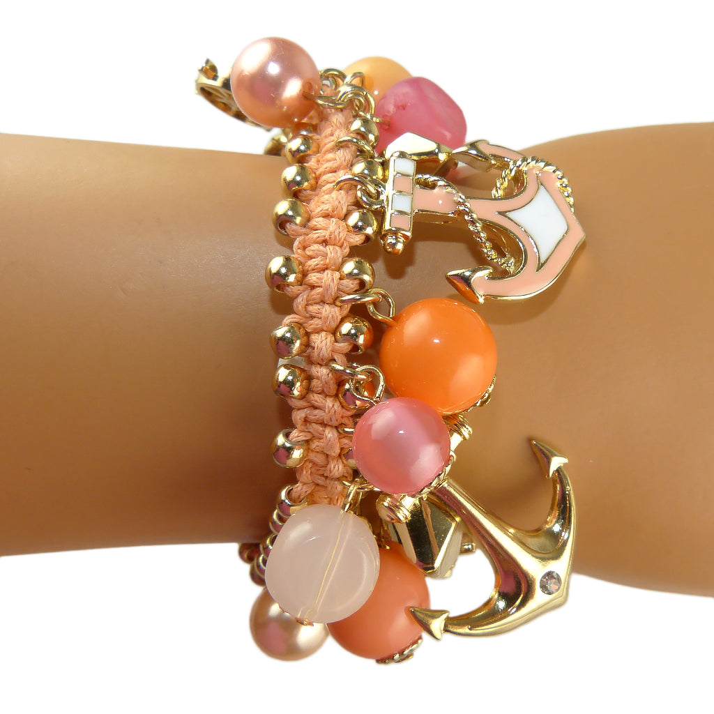 Anchor Charm Ocean Pearl Bead Nautical Silver Orange Pink  Bracelet - ILoveThatGift