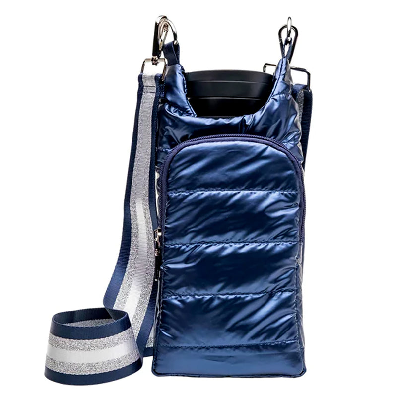 Wanderfull Water Bottle Bag Blue Metallic & Striped Strap Carrier Puffer Tote Quilted Handbag Sling Crossbody
