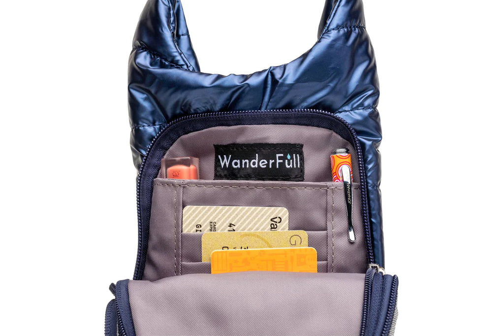 Wanderfull Water Bottle Bag Blue Metallic & Striped Strap Carrier Puffer Tote Quilted Handbag Sling Crossbody