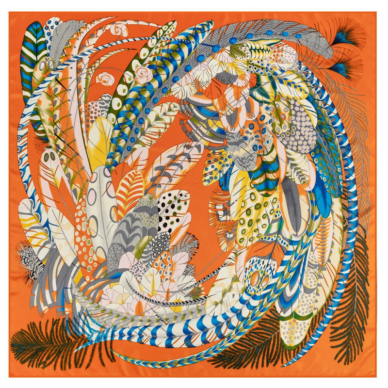 Twill Silk Scarf Women LARGE Feather Shawls Square Bandana Kerchief Foulards 51" Luxury Brand Look Orange