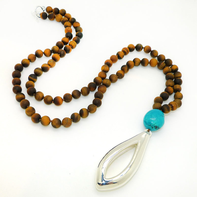 Matte Tigers Eye & Turquoise Long Necklace Sterling Silver Simon Sebbag Necklace Pendant PN415MTE-TQ - ILoveThatGift