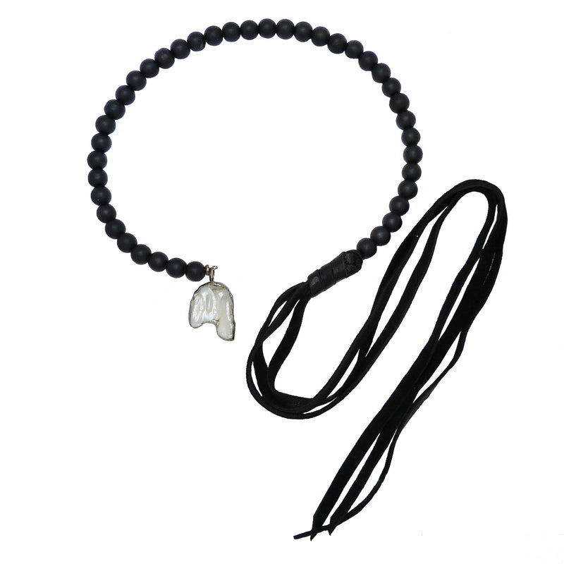 Gigi & Sugar White Pearl Black Bead & Deerskin Leather Necklace Lariat Penny - ILoveThatGift