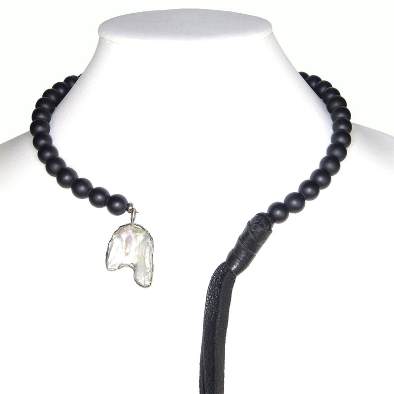 Gigi & Sugar White Pearl Black Bead & Deerskin Leather Necklace Lariat Penny - ILoveThatGift