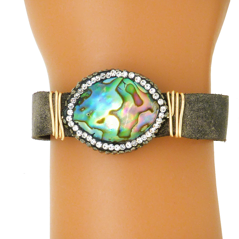 Gigi & Sugar Brown Leather Multicolor Pearl Gold Wire Snap Bracelet Handmade - ILoveThatGift