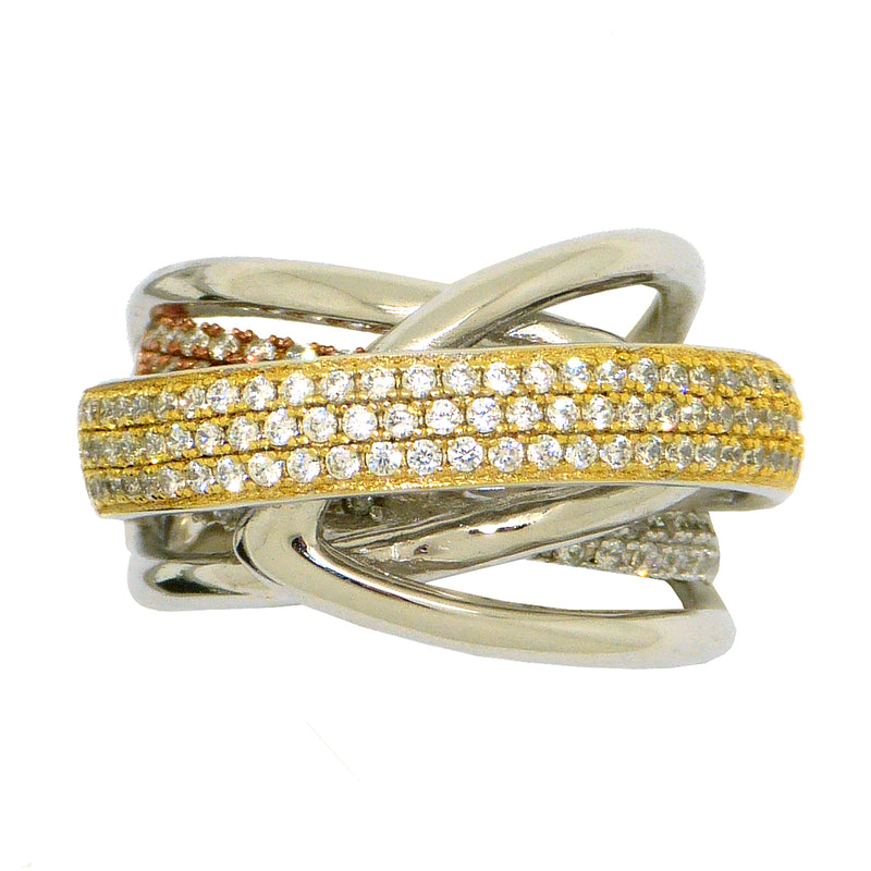 925 TriColor Sterling Silver Italian Pave Smooth Finish Crossover Ring Size 7.5 - ILoveThatGift