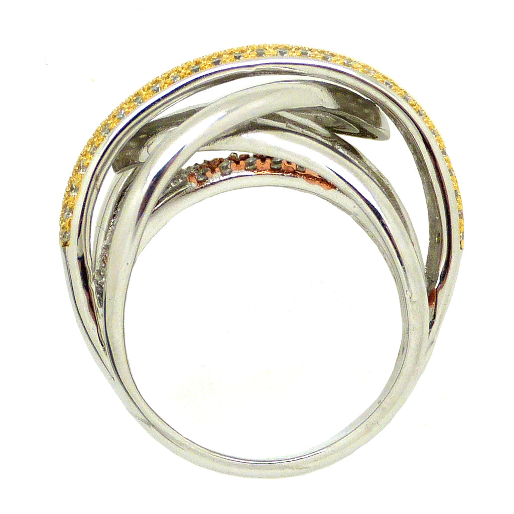 925 TriColor Sterling Silver Italian Pave Smooth Finish Crossover Ring Size 7.5 - ILoveThatGift