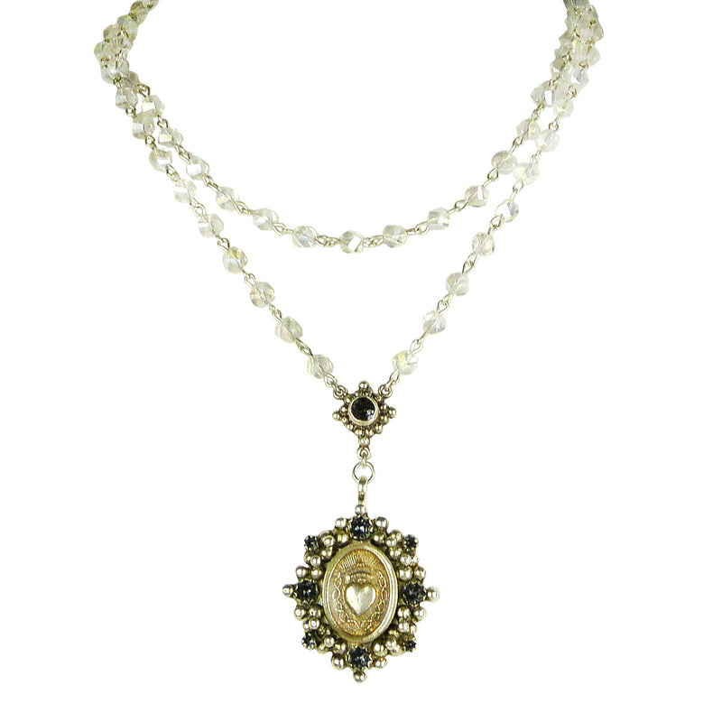 Virgins Saints & Angels Sacred Heart Silver Oval Rosary Necklace Clear Bicone - ILoveThatGift
