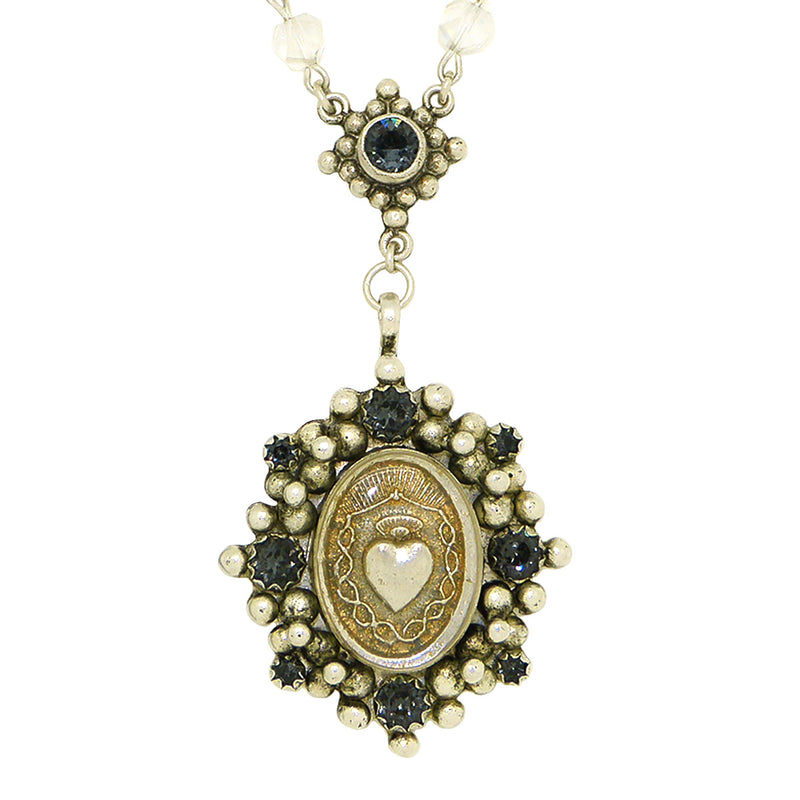 Virgins Saints & Angels Sacred Heart Silver Oval Rosary Necklace Clear Bicone - ILoveThatGift