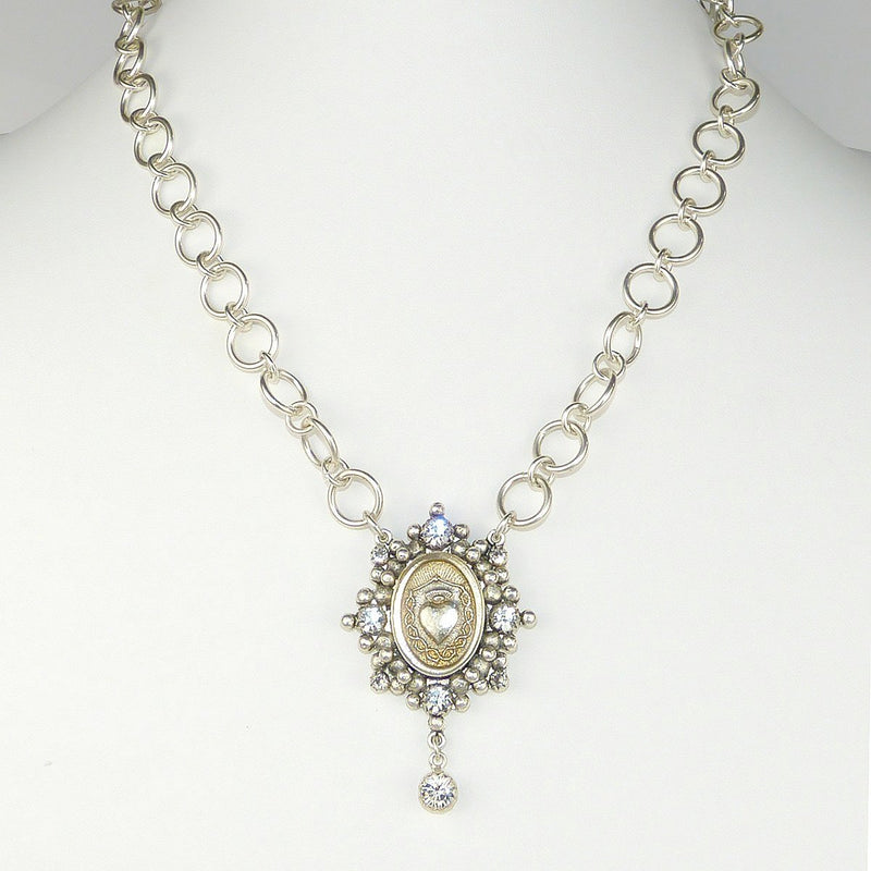 Virgins Saints & Angels Sacred Heart Silver Oval Drop Collar 20" Necklace Clear - ILoveThatGift