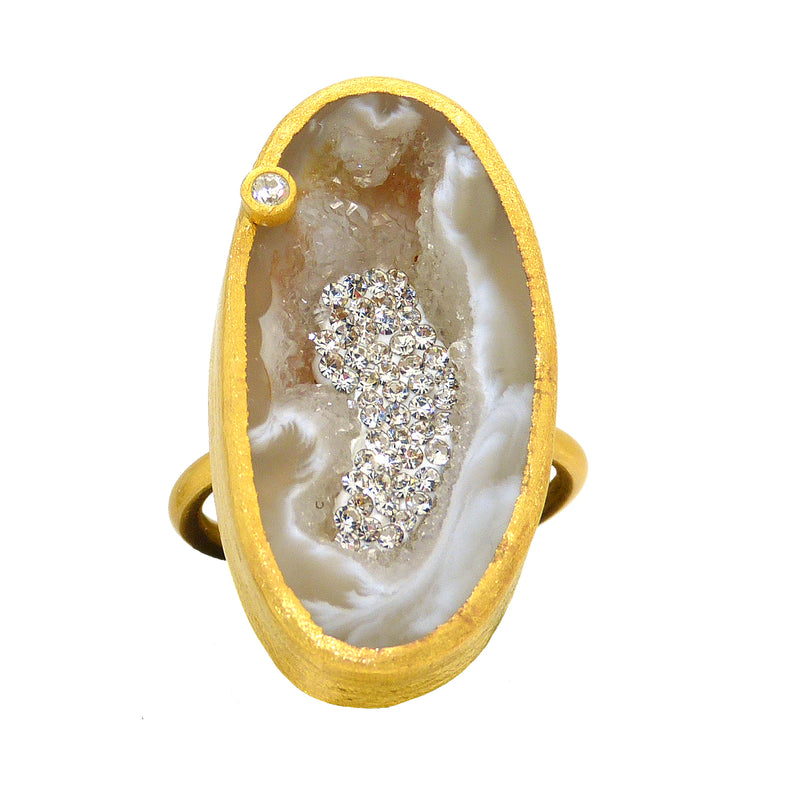 Handmade Open Agate With Sparkle CZ Ring Gold by Felix Z Geode Adjustable - ILoveThatGift