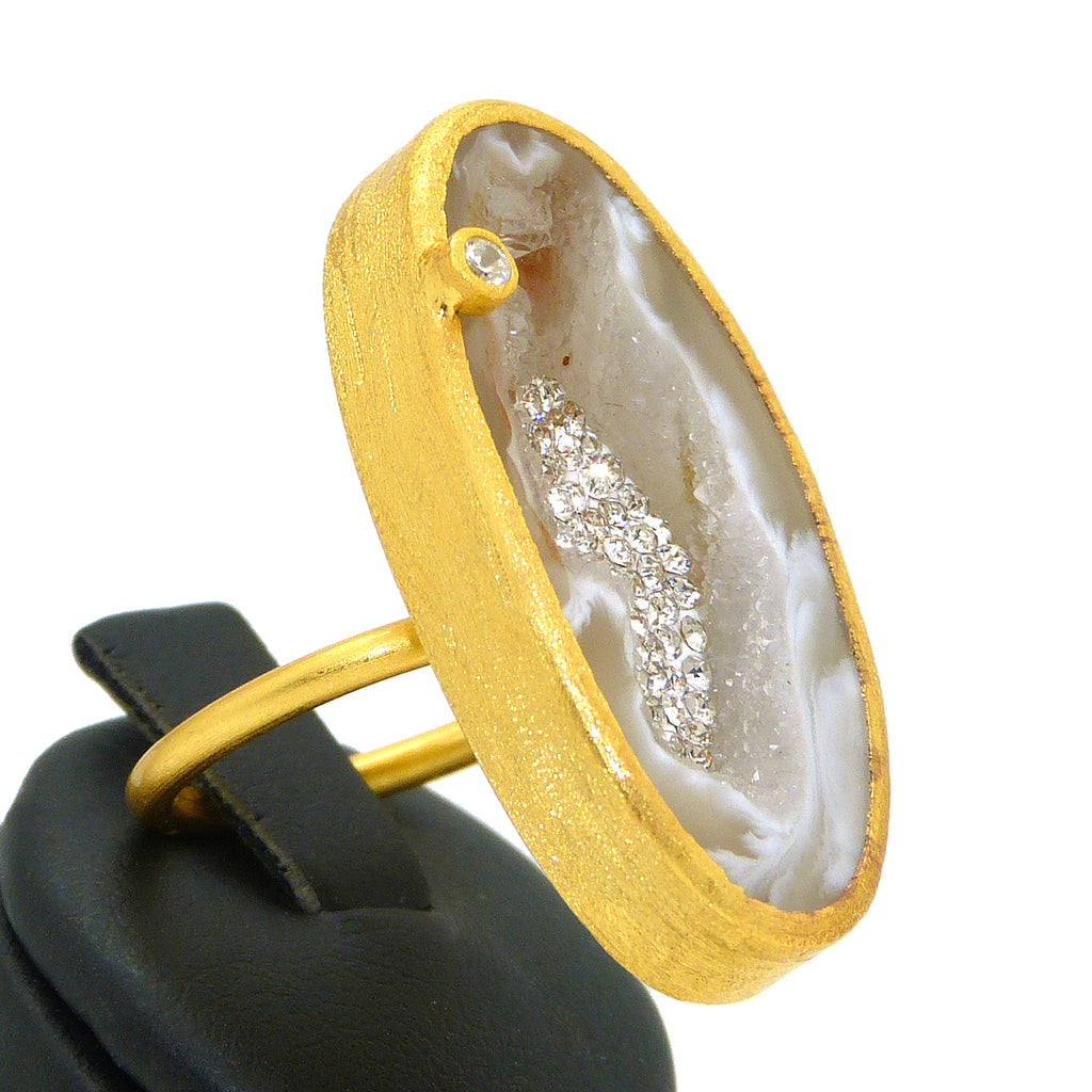 Handmade Open Agate With Sparkle CZ Ring Gold by Felix Z Geode Adjustable - ILoveThatGift