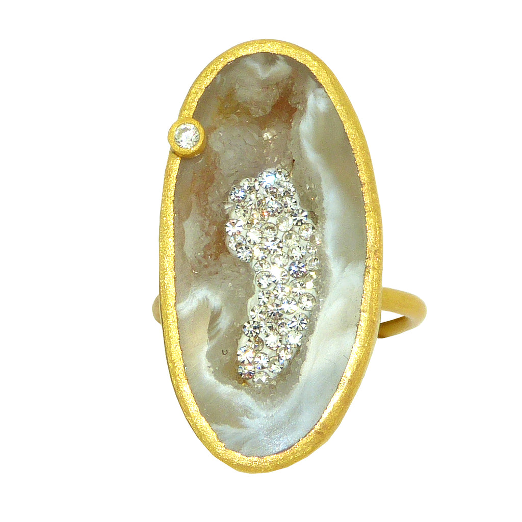 Handmade Open Agate With Sparkle CZ Ring Gold by Felix Z Geode Adjustable - ILoveThatGift