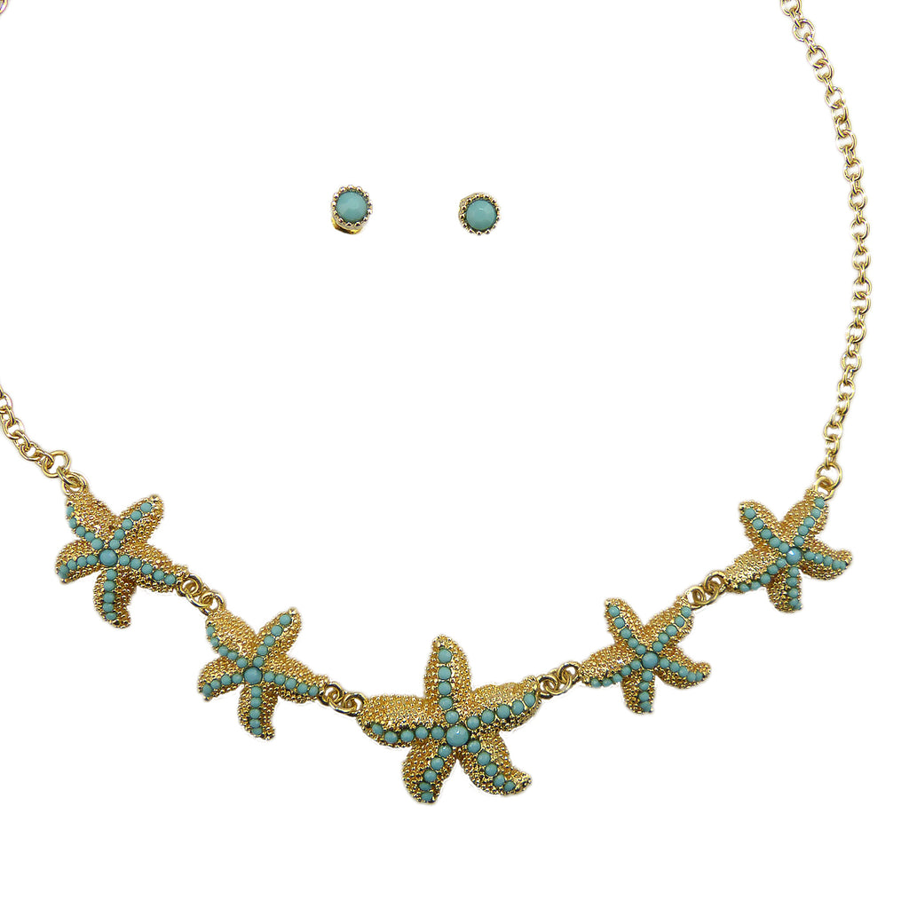 Gold Tone Star Fish Turqiouse Blue Starfish Necklace and Earring Set - ILoveThatGift