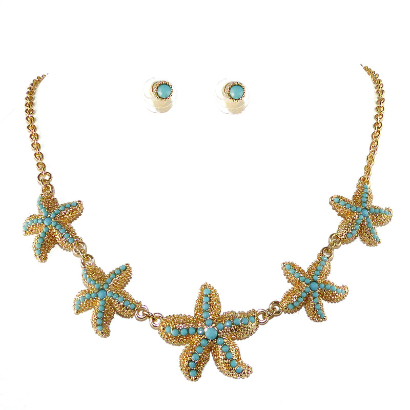 Gold Tone Star Fish Turqiouse Blue Starfish Necklace and Earring Set - ILoveThatGift