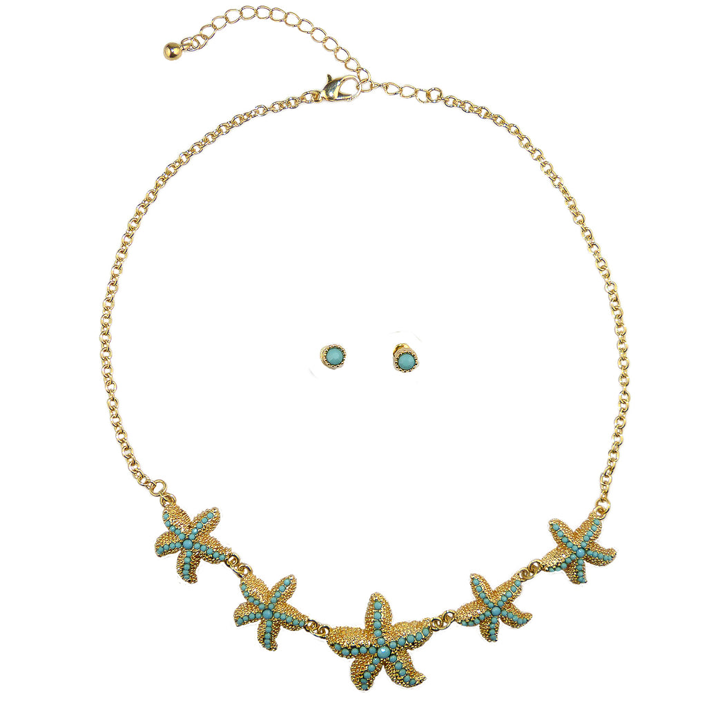 Gold Tone Star Fish Turqiouse Blue Starfish Necklace and Earring Set - ILoveThatGift