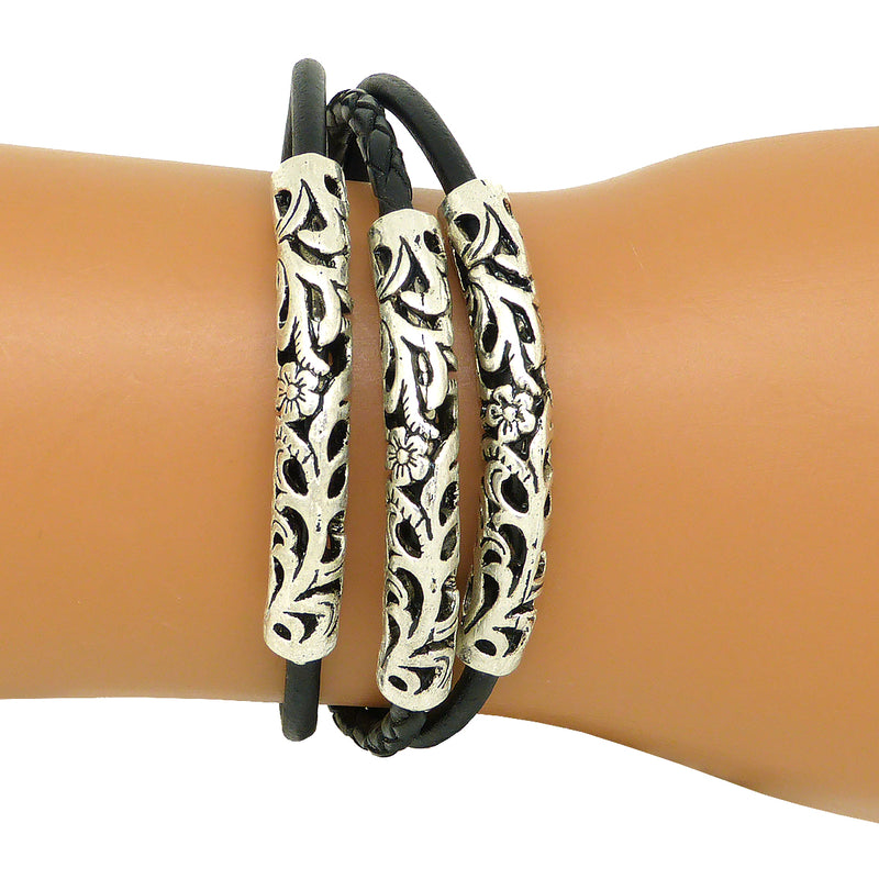 Lilly's Allure Triple Wrap Tibetan Silver Tube Bracelet Black W77 Wear with Uno de 50 - ILoveThatGift