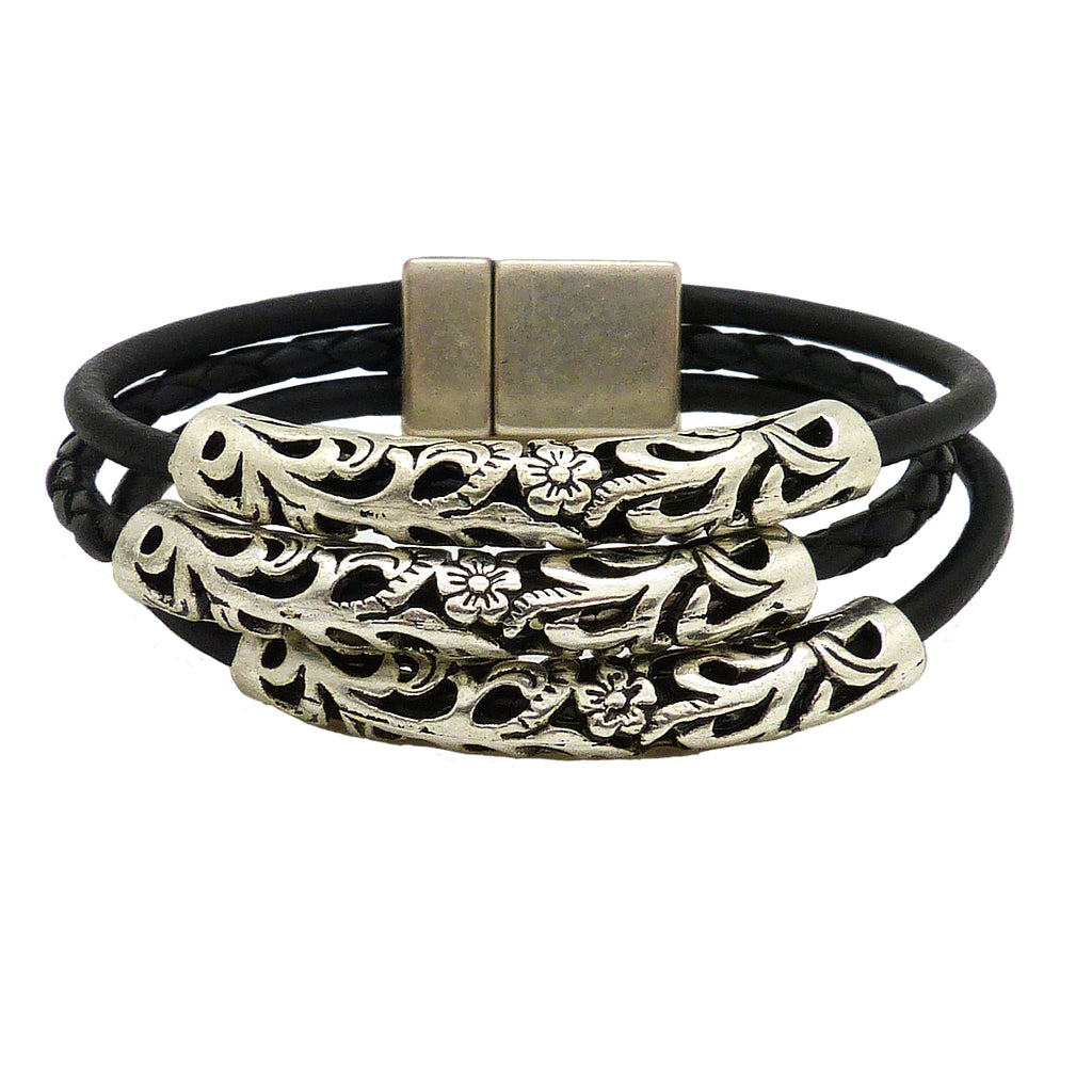 Lilly's Allure Triple Wrap Tibetan Silver Tube Bracelet Black W77 Wear with Uno de 50 - ILoveThatGift