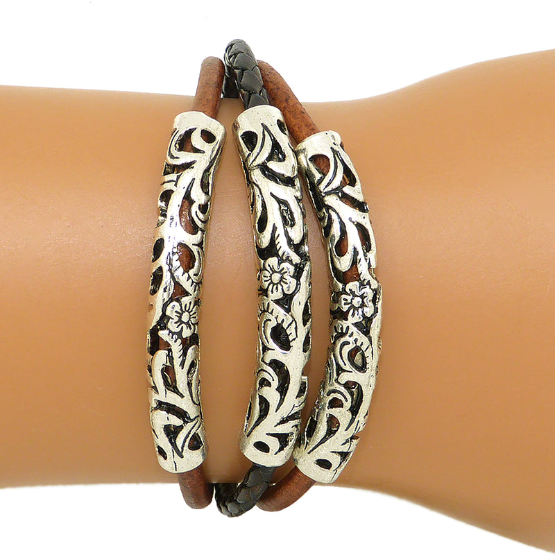 Lilly's Allure Triple Wrap Tibetan Silver Tube Bracelet Brown W77 Wear with Uno de 50 - ILoveThatGift