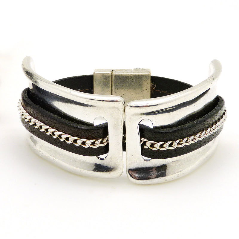 Lilly's Allure Leather Silver Chain Stitched Cuff Bracelet W103 Wear with Uno de 50 - ILoveThatGift