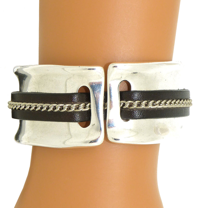 Lilly's Allure Leather Silver Chain Stitched Cuff Bracelet W103 Wear with Uno de 50 - ILoveThatGift