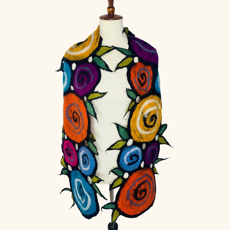 Handmade Felted Merino Wool Chiffon Scarf Wrap Pomegranate Moon Cutwork 74" x 13" - ILoveThatGift