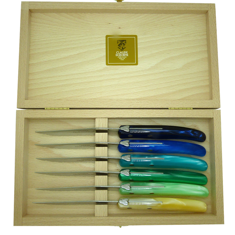 NEW Claude Dozorme Laguiole Steak Knife Gift Set of 6 Mixed Blue Green - ILoveThatGift