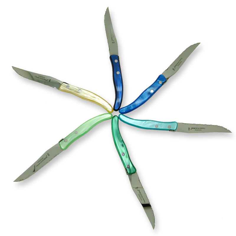 NEW Claude Dozorme Laguiole Steak Knife Gift Set of 6 Mixed Blue Green - ILoveThatGift