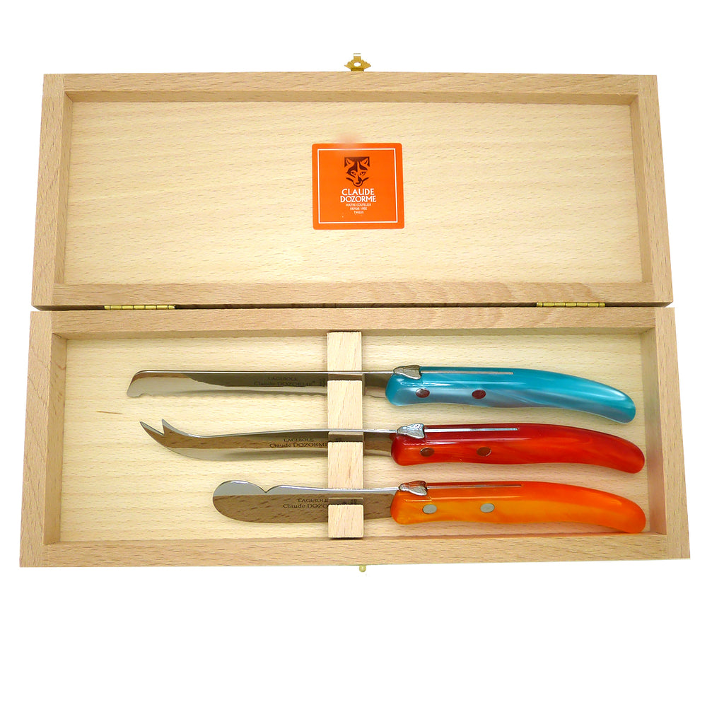 NEW Claude Dozorme Three Piece Laguiole Knife Gift Set Red Green Orange - ILoveThatGift