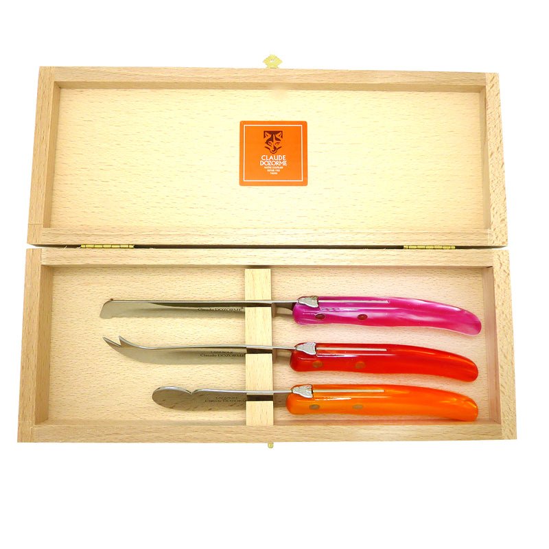 NEW Claude Dozorme Three Piece Laguiole Knife Gift Set Red Pink Orange - ILoveThatGift