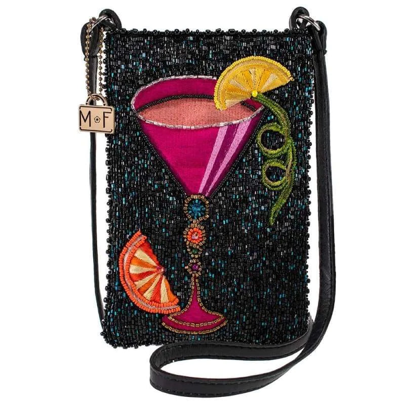 Mary Frances Fierce Beaded Embroidered Take a Sip Leather Phone Glasses Bag Black