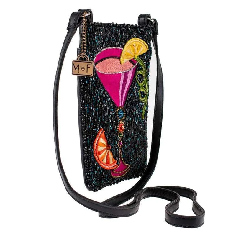 Mary Frances Fierce Beaded Embroidered Take a Sip Leather Phone Glasses Bag Black